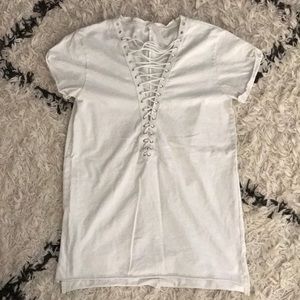 Short sleeve lace up neckline